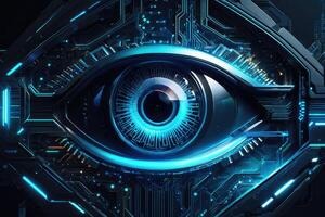 ai genererad biometrisk cybernetiska öga ai artificiell intelligens skanna och nätverk förbi ai generativ foto