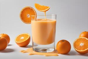 ai genererad orange mjölk med stänk, vitamin rik juicer och yoghurt för hälsa förbi ai generativ foto