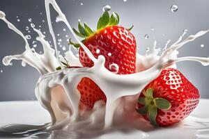 ai genererad en jordgubb är faller in i en mjölk flytande, mjölk bad fotografi förbi ai generativ foto