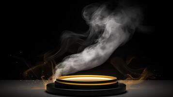 ai genererad guld piedestal podium med rök på en svart bakgrund foto