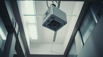 ai genererad cCTV säkerhet kamera i kontor byggnad. foto