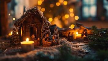 ai genererad jul nativity scen med helig familj och jul träd på bakgrund foto