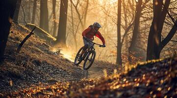 ai genererad cyklist ridning de cykel på de spår i de skön höst skog. extrem sport begrepp. foto