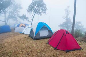 vandrare tält camping i campingplats och dimmig på topp i nationell parkera foto