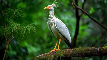 ai genererad en sekreterarefågel stående på en gren i de regnskog. foto