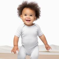 ai genererad vit onesie kläder attrapp med Sammanträde bebis i studio miljö foto