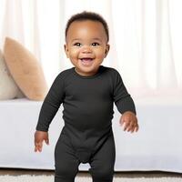 ai genererad söt afrikansk amerikan bebis i svart sovvagn mode attrapp foto