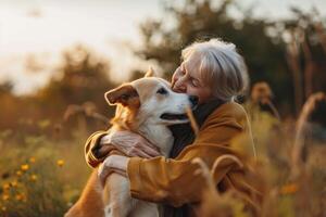 ai genererad en porträtt av en Lycklig senior äldre med en hund, de äldre med sällskapsdjur foto