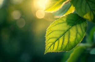 ai genererad en grön blad med ljus Sol foto