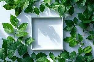 ai genererad en terrarium eller grön ram med löv och en vit fyrkant tallrik foto
