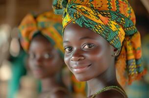 ai genererad afrikansk tonåring flickor leende och stirra in i de kamera foto