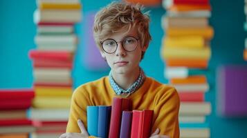 ai genererad minimalistisk levande annons bakgrund med stilig pojke med böcker och kopia Plats foto