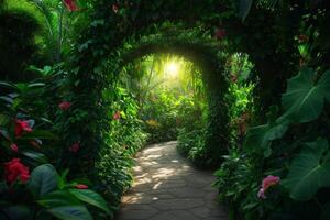 ai genererad romantisk eskapad i en frodig trädgård, idealisk för kärlekstema reklam foto