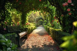 ai genererad romantisk eskapad i en frodig trädgård, idealisk för kärlekstema reklam foto
