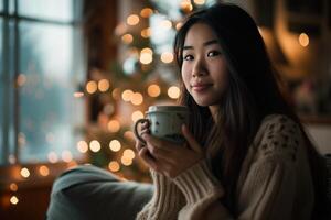 ai genererad asiatisk kvinna dricka en kaffe på Hem under jul träd foto