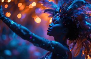 ai genererad karneval dans flicka på en skede på natt foto