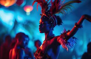 ai genererad karneval dans flicka på en skede på natt foto