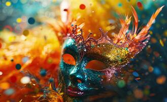 ai genererad karneval med färgrik fjäder mask foto