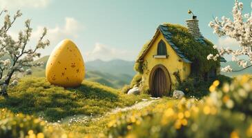 ai genererad påsk ägg med gul hus och massor av grön gräs foto