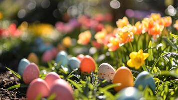 ai genererad påsk med ett explosion av blomning blommor kompletteras foto