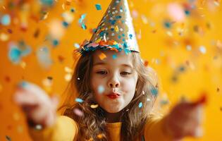 ai genererad liten flicka blåser konfetti med Lycklig födelsedag fest hatt foto