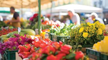 ai genererad springtime marknadsföra fylld med färsk producera, blommor foto