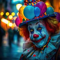 ai genererad clown ansikte med lampor och färgrik hatt foto