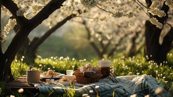 ai genererad picknick mitt i blommar foto