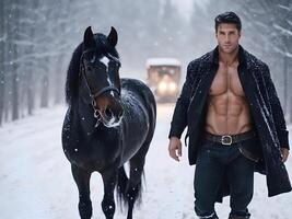 ai genererad stilig muskulös ung man och svart häst med snö bakgrund foto