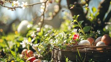 ai genererad med påsktema element. de frodig grönska, blomstrande blommor, och spridd ägg foto