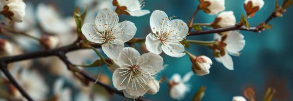 ai genererad vit körsbär blommar hängande i en blå bakgrund foto