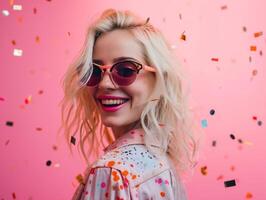 ai genererad leende blond kvinna med solglasögon på rosa bakgrund foto