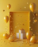 ai genererad gul födelsedag kort ram dekorerad med fest leveranser foto