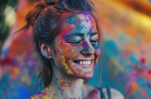 ai genererad kvinna leende i de färgad pulver i vit Plats foto