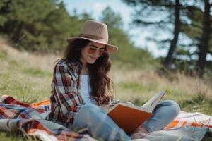 ai genererad ung kvinna läsning bok på picknick filt i fält foto