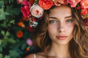 ai genererad en kvinna med en blommig pannband och en blomma krona på henne huvud foto