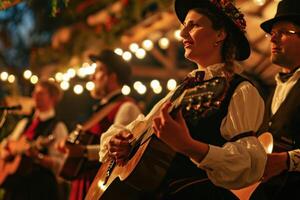 ai genererad de dansa prestanda av traditionell bavarian sångare förbi caroling foto