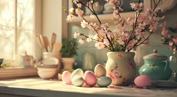 ai genererad några färgrik påsk ägg och blommor är anordnad i en kök foto