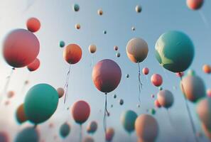 ai genererad en färgrik grupp av ballonger flyta mot en blå bakgrund. foto
