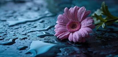 ai genererad en rosa blomma på en blå yta foto