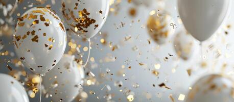 ai genererad en ram av vit ballonger med guld konfetti. foto
