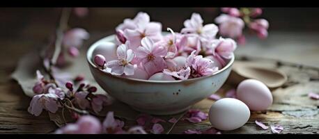 ai genererad en skål av ägg med rosa blommor på dem foto