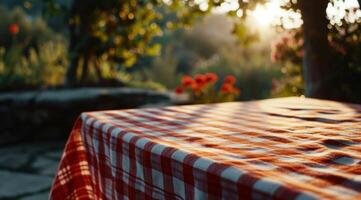 ai genererad en bordsduk med en röd och vit rutig mönster är Sammanträde på en tabell utomhus foto