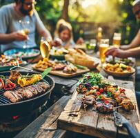ai genererad utegrill med grill, vänner, öl och mat på sommar picknick. foto