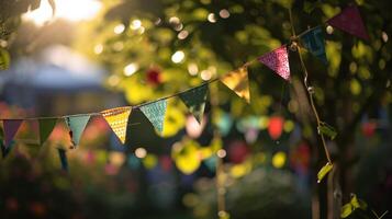 ai genererad färgrik papper buntings, sommar fest förbi solig dag foto