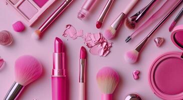 ai genererad kosmetisk göra upp Produkter på en rosa bakgrund foto