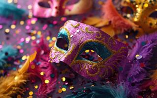 ai genererad färgrik fjädrar på en lila bakgrund av karneval masker. foto