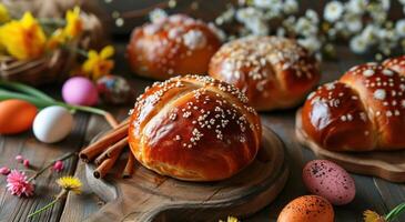 ai genererad påsk bullar med påsk ägg, bullar och småkakor foto