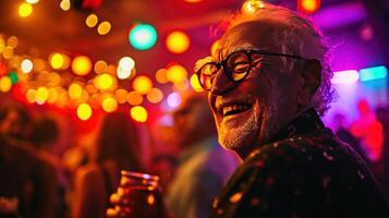 ai genererad senior manlig leende på en bakgård fest foto