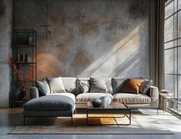 ai genererad en Sammanträde rum med en grå soffa och ottoman foto